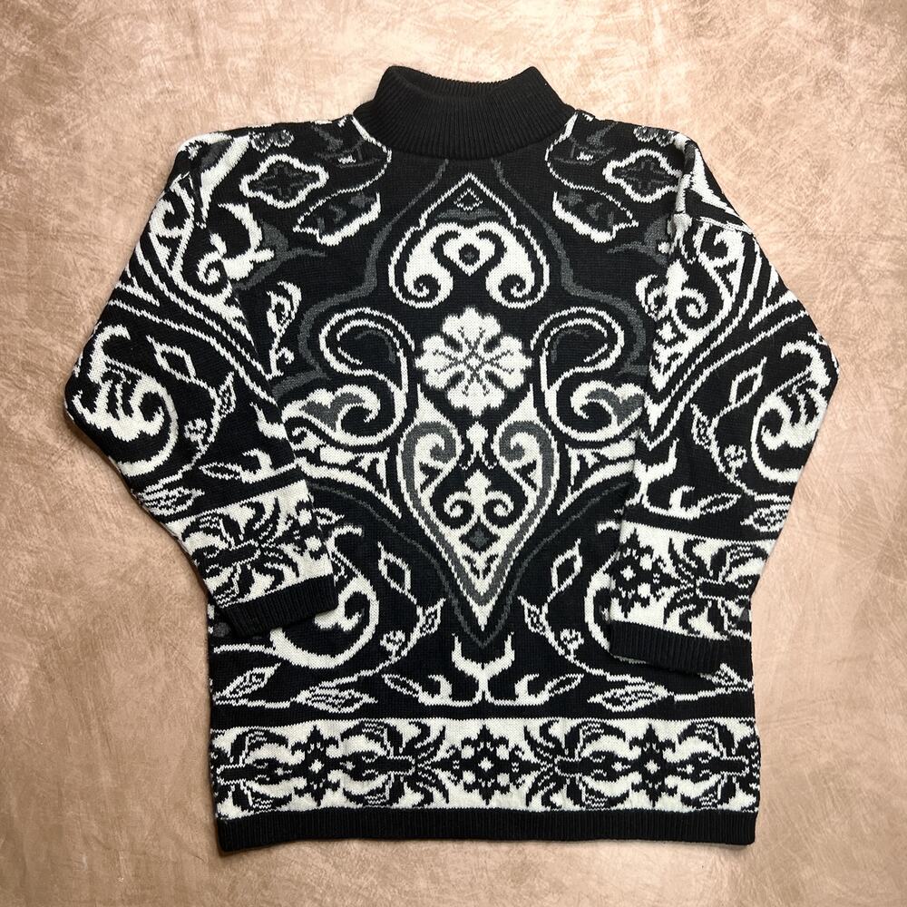 Vintage 80s Sweater Exchange Floral Mock Neck Oversized Top Black White Knit Mod